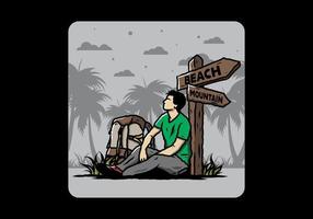 Man sit on the ground beside the way sign beach and mountain illustration vector