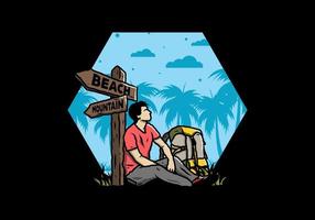 Man sit on the ground beside the way sign beach and mountain illustration vector