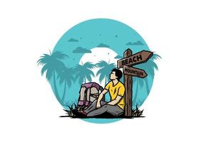 Man sit on the ground beside the way sign beach and mountain illustration vector