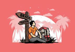 Man sit on the ground beside the way sign beach and mountain illustration vector