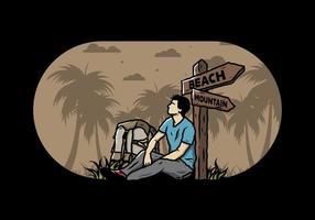 Man sit on the ground beside the way sign beach and mountain illustration vector