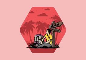 Man sit on the ground beside the way sign beach and mountain illustration vector