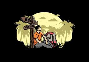 Man sit on the ground beside the way sign beach and mountain illustration vector