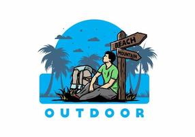 Man sit on the ground beside the way sign beach and mountain illustration vector