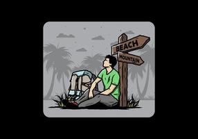 Man sit on the ground beside the way sign beach and mountain illustration vector