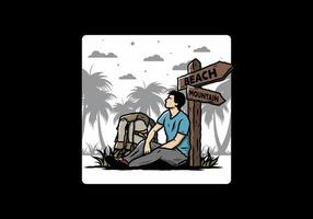 Man sit on the ground beside the way sign beach and mountain illustration vector