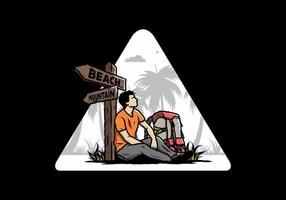 Man sit on the ground beside the way sign beach and mountain illustration vector