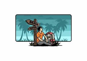 Man sit on the ground beside the way sign beach and mountain illustration vector