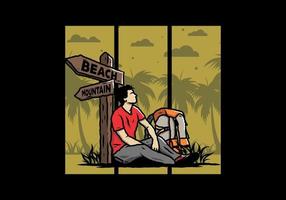 Man sit on the ground beside the way sign beach and mountain illustration vector