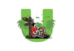Man sit on the ground beside the way sign beach and mountain illustration vector