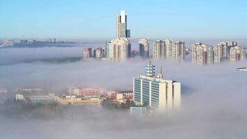 8k Nebel zwischen Wolkenkratzerwohnungen in der modernen Stadt video