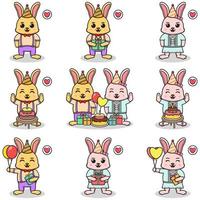 Vector of Cute Rabbit in Birthday Party. Set of cute little Rabbit characters. Collection of funny Rabbit isolated on a white background.