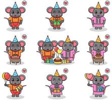 Vector of Cute Mouse in Birthday Party. Set of cute little Mouse characters. Collection of funny Mouse isolated on a white background.