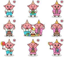 Vector of Cute Pig in Birthday Party. Set of cute little Pig characters. Collection of funny Pig isolated on a white background.