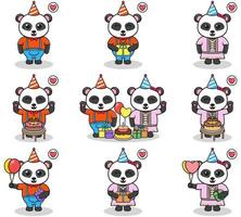 vector de panda lindo en fiesta de cumpleaños. conjunto de lindos personajes de panda pequeño. colección de panda divertido aislado en un fondo blanco.