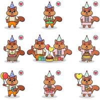 Vector of Cute Squirrel in Birthday Party. Set of cute little Squirrel characters. Collection of funny Squirrel isolated on a white background.