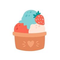 Ice cream scoops in cup with different flavors, toppings and strawberry. Summertime, hello summer. vector