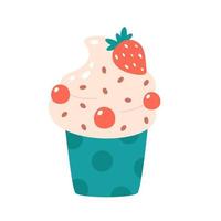 Vanilla ice cream in cup with strawberry and chocolate drops. Summertime, hello summer vector