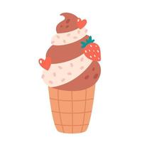 Vanilla and chocolate ice cream in waffle cone with strawberry. Summertime, hello summer vector