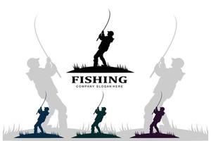 fishing logo icon vector, catch fish on the boat, outdoor sunset silhouette design vector