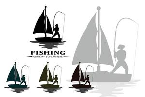 fishing logo icon vector, catch fish on the boat, outdoor sunset silhouette design vector