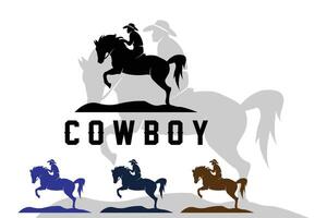 hombre vaquero montando a caballo poderosamente silueta al atardecer, diseño de logotipo de icono vector