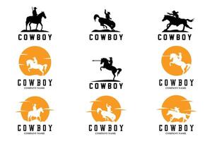 Cowboy Man Riding Horse Powerfully Silhouette at Sunset, icon logo design vector