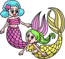 Mermaid Girls Playing Cartoon Colored Clipart vector