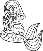 sirena leyendo un libro aislado página para colorear vector