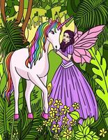 Fairy Petting Unicorn Colored Cartoon Illustration