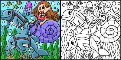sirena montando en una ilustración de color de concha marina