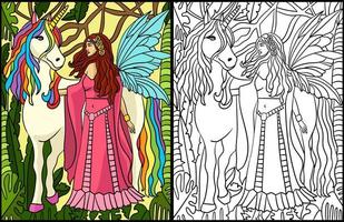 Walking Fairy And Unicorn Coloring Page Colored vector