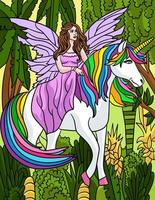 Fairy Riding In Unicorn Colored Cartoon vector