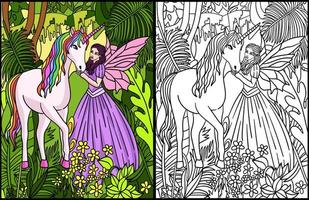 Fairy Petting Unicorn Coloring Page Colored