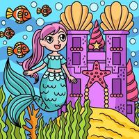 Mermaid In Front Of The Castle Colored Cartoon vector