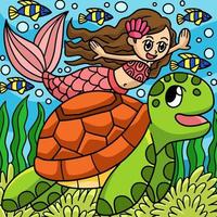 Mermaid And Turtle Colored Cartoon Illustration vector