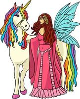 Fairy Petting Unicorn Cartoon Colored Clipart vector