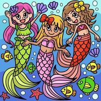 Mermaid With Friends Colored Cartoon Illustration vector