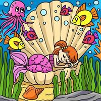 Mermaid Sleeping In A Shell Colored Cartoon vector