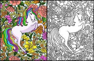 Unicorn Leaping In Forest Coloring Page Colored vector