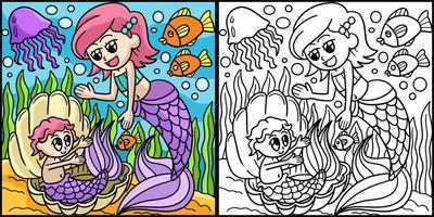 Mermaid With A Baby Coloring Page Illustration vector