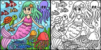 ilustración de página para colorear de sirena nadando vector