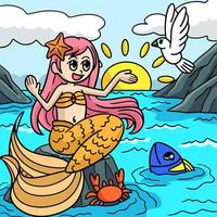 Mermaid Sitting On A Rock Colored Cartoon