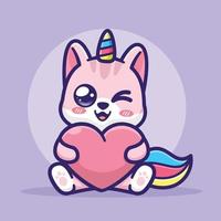 Unicorn cat hug a hearth cute illustration. vector