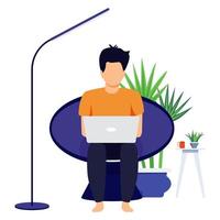 Home office design male freelancer character setting on modern chair with laptop working with coffee isolated vector