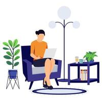 Home office design female freelancer character setting on modern chair sofa with laptop working with coffee file book vector