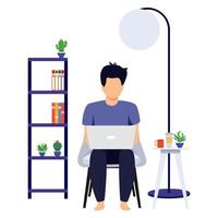 Home office design male freelancer character setting on modern chair with laptop notebook working with coffee houselamp isolated vector