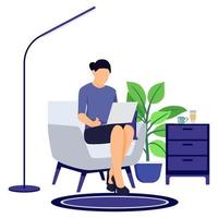 Home office design female freelancer setting on modern sofa with laptop working vector