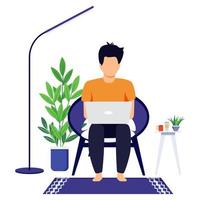 Home office design male freelancer character setting on modern chair with laptop working vector