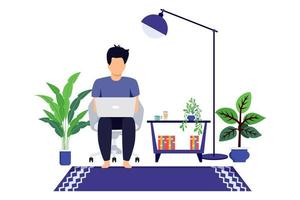 Home office design male freelancer character setting on modern chair with laptop notebook working with coffee houselamp houseplant isolated vector